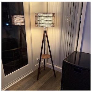 Boho Tripod Floor Lamp with Shelves, Mid Century Wood, Rattan Shade, Foot Switch