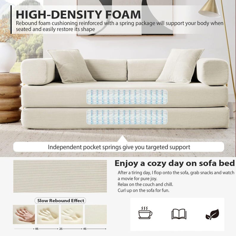 Puede incluir: Un sof&aacute; cama beige con dos cojines rectangulares y dos almohadas cuadradas. El texto "HIGH-DENSITY FOAM" y "Independent pocket springs give you targeted support" son visibles. El sof&aacute; cama tiene un paquete de resortes y est&aacute; dise&ntilde;ado para la comodidad.
