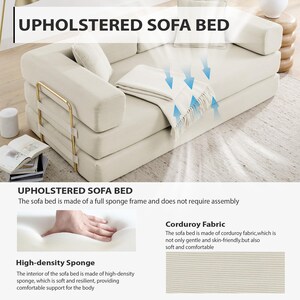Sofá cama plegable convertible 4 en 1, sofá de suelo de pana de 198 cm con cama extraíble, sofá cama futón modular para sala de estar y dormitorio. imagen 7