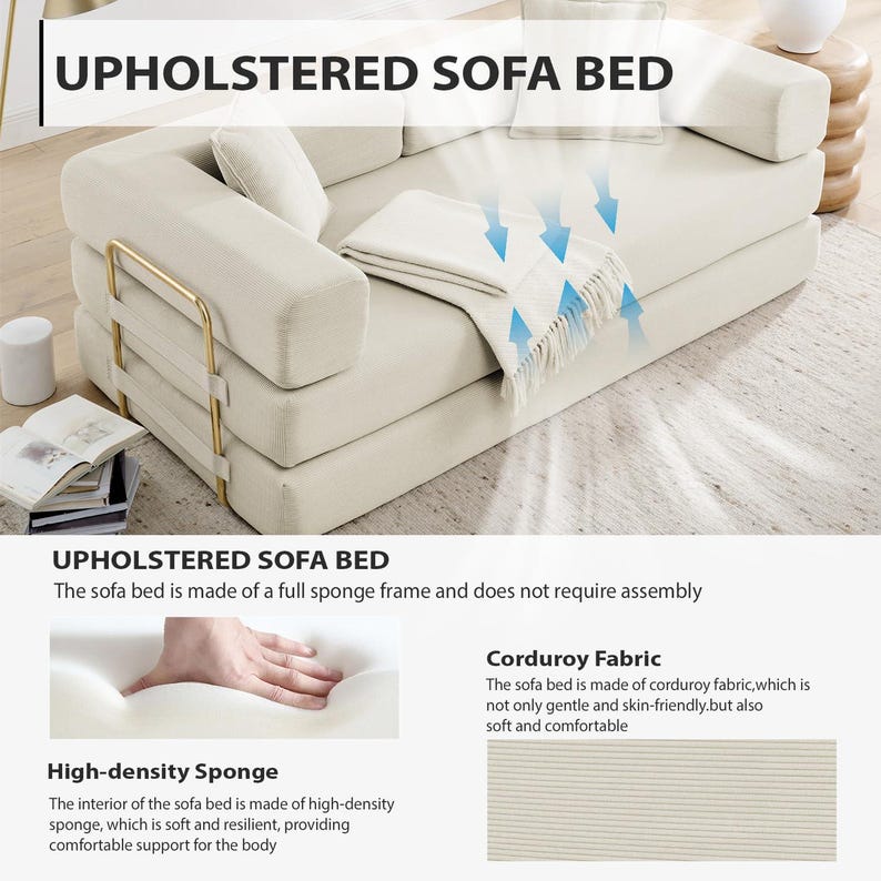 Sofá cama plegable convertible 4 en 1, sofá de suelo de pana de 198 cm con cama extraíble, sofá cama futón modular para sala de estar y dormitorio. imagen 7