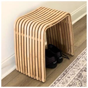 Hand-Built Bamboo Stool, Curved Spa Bath Seat, Natural Wood Accent Furniture