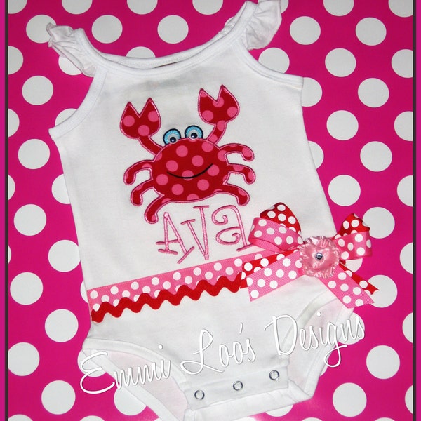 Personalized Custom Ta Dot Happy Crabbie Appliqued -Frilly Romper - Beach - Summer