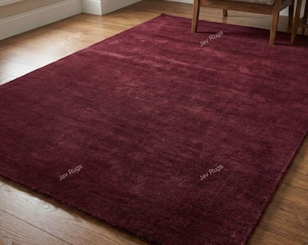 Hand Tufted Wool Area Rug | Solid Burgundy, Plush Cut Pile