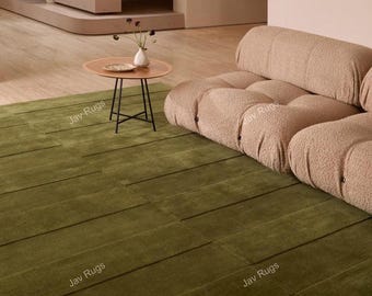 Hand Tufted Wool Area Rug | Modern Olive Stripe, High-Low Pile