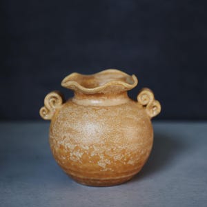 May include: A small, round, tan-colored ceramic vase with a ruffled rim and two decorative swirl handles. The vase has a textured surface and a warm, earthy tone, suitable for home decor.