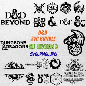 May include: A collection of black and white Dungeons & Dragons (D&D) themed SVG designs. The image includes text that says "D&D SVG BUNDLE", "20 DESIGNS", and "SVG, PNG, JPG". Various dragon and dice graphics are also featured.