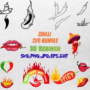 May include: A collection of chilli-themed SVG designs. The image features various illustrations of chilli peppers, including line drawings, cartoon characters, and a "Spicy" gauge. Text reads "Chilli SVG Bundle 30 Designs".