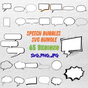 Peut inclure: Ensemble de 65 modèles de bulles de dialogue de différentes formes et styles, soulignés en noir sur un fond gris clair. Le texte "SPEECH BUBBLES SVG BUNDLE" est affiché en orange, "65 DESIGNS" en vert et "SVG, PNG, JPG" en bleu.