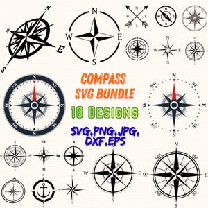 May include: A collection of 18 compass designs in black and white, with various styles including nautical stars and directional indicators. The image includes the text "COMPASS SVG BUNDLE" and file type information.