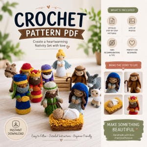 May include: A digital PDF crochet pattern for a Nativity set featuring various amigurumi figures including an angel, a baby in a manger, kings, and animals. The document includes text such as CROCHET PATTERN PDF, WHAT'S INCLUDED, and INSTANT DOWNLOAD.
