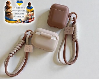 Minimalist Neutral AirPods Case with Wrist Strap | Aesthetic Brown & Beige Protective AirPods Cover | Silicone Case | Handmade Style Gift