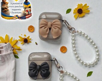 3D Bow AirPods Case – Clear Protective Cover with Pearl Chain