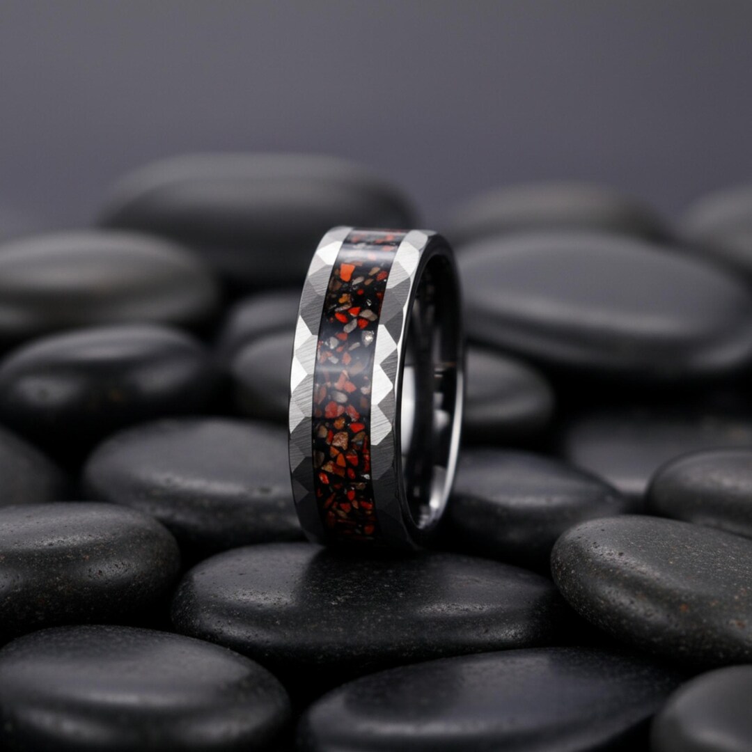 Hammered Silver Tungsten Ring, Dinosaur Bone Metal Slag Inlay, Men's ...