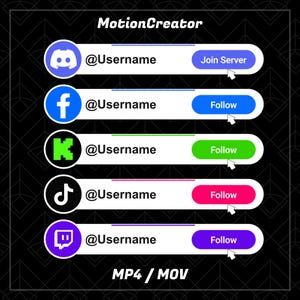 May include: Graphic featuring social media icons with usernames and call-to-action buttons. Includes Discord, Facebook, Kik, TikTok, and Twitch. The text "MotionCreator" and "MP4 / MOV" are also visible.