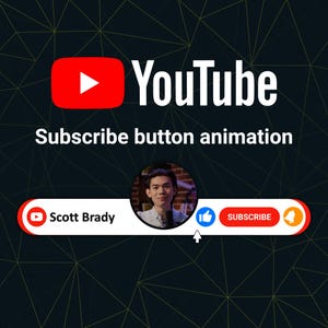 Puede incluir: Gráfico de YouTube con el logotipo de YouTube y el texto "Animación del botón Suscribir". Debajo, un gráfico con una foto de una persona, el logotipo de YouTube, el nombre "Scott Brady", un icono de pulgar hacia arriba, un botón "SUSCRIBIR" y un icono de campana.
