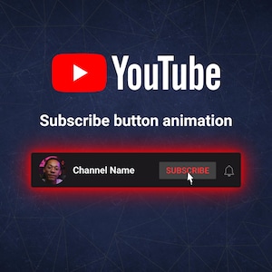Puede incluir: Gráfico de YouTube con el logotipo de YouTube y el texto "Animación del botón Suscribirse". Debajo, una barra negra con una foto de perfil, "Nombre del canal", un botón rojo "SUSCRIBIRSE" y un icono de campana.