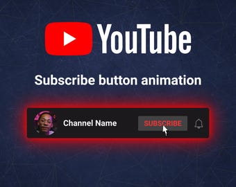 May include: A YouTube graphic with the YouTube logo and the text "Subscribe button animation." Below is a black bar with a profile picture, "Channel Name," a red "SUBSCRIBE" button, and a bell icon.
