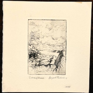 May include: A black and white etching titled "Clouds, Nahant" by Margaret Philbrick, dated 1938. The artwork depicts a coastal landscape with detailed cloud formations and rocky terrain.