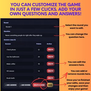 May include: A screenshot of a game customization interface. The interface is dark with white text and red accents. The text reads "YOU CAN CUSTOMIZE THE GAME IN JUST A FEW CLICKS. ADD YOUR OWN QUESTIONS AND ANSWERS!" and provides options to edit questions and answers.
