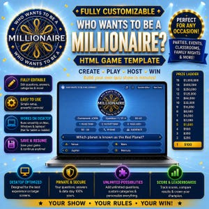 May include: A Who Wants To Be A Millionaire HTML game template displayed on a laptop screen. The interface shows a quiz question, multiple-choice answers, a prize ladder, and game controls. The design features blue and gold branding elements.