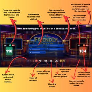 May include: A digital game interface with team scoreboards, customizable team names and colors. The game includes buttons for buzzer, music, and sound effects. The game has options to reveal answers, restart rounds, and clear scores.