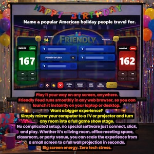 May include: A digital game screen displays the text "HAPPY BIRTHDAY" and "FRIENDLY". The game shows scores for "EAGLES" and "RAVENS". Text on the screen reads "Name a popular American holiday people travel for." Additional text describes the game's features.