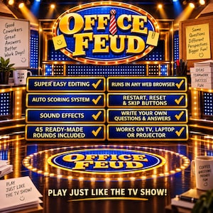 Op de afbeelding: Een digitale spelinterface getiteld Office Feud met een rood-wit gestreept das-icoon. Het scherm bevat acht blauwe rechthoekige knoppen met gouden randen, elk met tekst over spelfuncties, geplaatst tegen een verlichte podiumachtergrond.