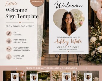 Graduation Welcome Sign Template, Editable Canva Photo Grad Sign, Minimalist Graduation Party Decor, Printable Class of 2026