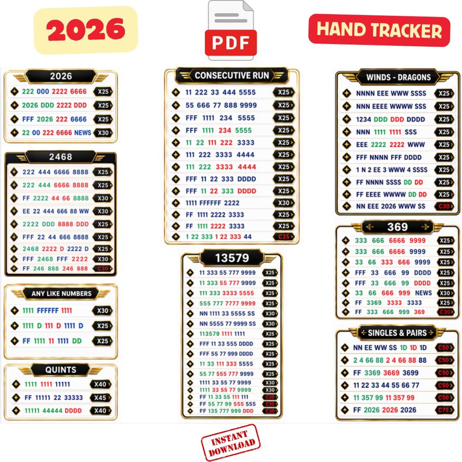2026 Mahjong Hand Tracker, Mahjong Reference Sheet - Etsy