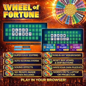 Op de afbeelding: Een digitale Wheel of Fortune-game-interface met de tekst "BLACK FRIDAY" weergegeven op een spelbord. De afbeelding toont een draaiend wiel, een spelbord en verschillende spelfuncties.
