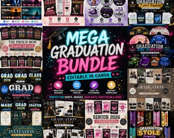 Mega Graduation Bundle Canva Templates, T-Shirts, Fan Templates, Grad Pins, Chips Bag, Newspaper, Stole, Party Decor & Invitations