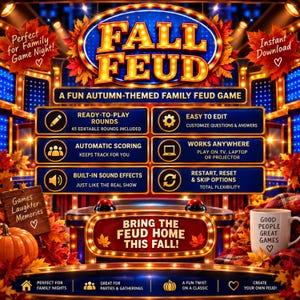 May include: A digital game titled FALL FEUD with an autumn theme, featuring a game show interface with glowing lights, maple leaves, and text boxes detailing features like ready-to-play rounds, automatic scoring, and sound effects for home use.