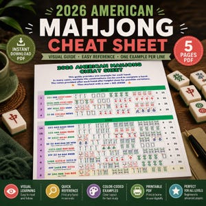May include: A 2026 American Mahjong cheat sheet with a visual guide and easy reference. The document includes examples for each hand, color-coded examples, and is available as a printable PDF. The text includes "2026 American Mahjong Cheat Sheet".