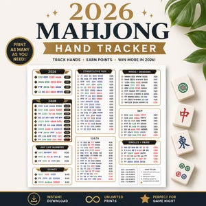 May include: A 2026 Mahjong hand tracker score sheet featuring categorized sections for hands like 2468, consecutive runs, and winds. The white document displays black text, gold accents, and point values. Four Mahjong tiles are placed to the right.