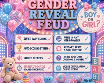 Editable Gender Reveal Feud Game, Gender Reveal Family Feud Trivia, Browser-Based & Customizable, No PowerPoint Needed, Party Trivia Game