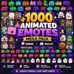 Op de afbeelding: Een digitale collectie van 1000 geanimeerde emotes voor Twitch en Discord, met een verscheidenheid aan kleurrijke tekstgebaseerde uitdrukkingen, stripfiguren, dieren en popcultuurfiguren gerangschikt in een raster op een donkerpaarse achtergrond.