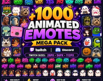 Puede incluir: Una colección digital de 1000 emoticonos animados para Twitch y Discord, que presenta una variedad de expresiones de texto coloridas, personajes de dibujos animados, animales y figuras de la cultura pop sobre un fondo morado oscuro.