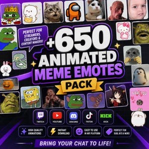 Könnte beinhalten: Eine digitale Sammlung von 650 animierten Meme-Emotes mit verschiedenen Charakteren und Internet-Ikonen. Die Grafik enthält den Text +650 ANIMATED MEME EMOTES PACK sowie Logos für die Plattformen Twitch, YouTube, Discord, TikTok und Kick.