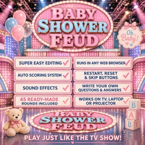 Può includere: Grafica del gioco Baby Shower Feud rosa e blu. Il design include il titolo del gioco, palloncini, un orsacchiotto e caselle di testo che evidenziano funzionalità come la facile modifica e gli effetti sonori. È incluso anche il testo "Gioca proprio come nello show televisivo!"