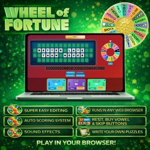 Op de afbeelding: Een laptopscherm toont een Wheel of Fortune-spel met de zin "BETTER LATE THAN NEVER". De game bevat een kleurrijk wiel, spelersscoreborden en knoppen. De tekst onderaan luidt "PLAY IN YOUR BROWSER!"