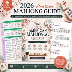 Könnte beinhalten: Ein Leitfaden für das amerikanische Mahjong-Spiel 2026 mit einem Cheat Sheet und einem Anfängerleitfaden. Das Bild zeigt den Leitfaden mit Kartenbeispielen, Strategien und Kurzübersicht. Mahjong-Steine und florale Akzente sind ebenfalls zu sehen.