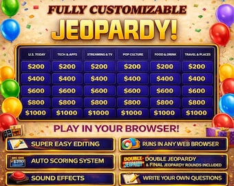 Interactive Jeopardy Game Template | Browser Based Trivia Game | Party & Classroom Quiz | Editable Questions | Double - Final Jeopardy