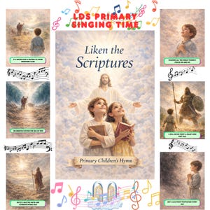 Puede incluir: Una colorida ilustración para el tiempo de canto de la escuela primaria LDS. La imagen central presenta a niños mirando a Jesús. Las imágenes circundantes representan escenas bíblicas con texto: "Nunca guiaré a una nación a su tierra prometida".