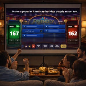 May include: A group of people are gathered, watching a trivia game projected on a screen. The game interface displays scores for "EAGLES" and "RAVENS", with the question "Name a popular American holiday people travel for." The screen shows the word "FRIENDLY".