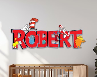 Letrero de madera personalizado del Dr. Seuss, letrero para puerta de habitación infantil, decoración del Dr. Seuss, letrero con el nombre de Disney, letrero de madera personalizado para habitación.