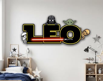 Letrero de madera personalizado con el nombre de Darth Vader de Star Wars, decoración de pared con vinilo impreso personalizado con temática de guerrero espacial, placa con el nombre de la habitación de los niños