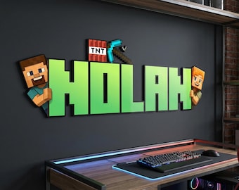 Cabeceros de cama personalizados para habitaciones infantiles, fiesta de cumpleaños con temática minera, adorno de pared con temática minera, decoración de pared para sala de juegos, letrero de madera con nombre para puerta con temática minera, gamer