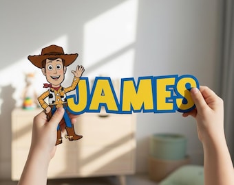 Decoración de pared de madera con nombre personalizado de Toy Story Woody, letrero personalizado para habitación infantil, arte de pared para guardería, letrero para puerta con nombre de personaje