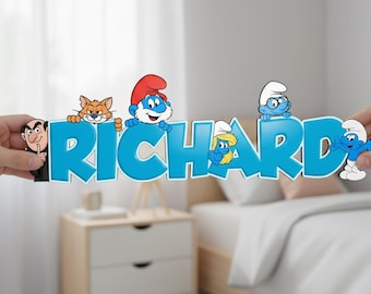 Letrero de madera personalizado de Los Pitufos, letrero de madera con nombre personalizado, decoración para habitación infantil, letrero con nombre de dibujos animados, arte de pared para guardería, decoración para fiesta de cumpleaños, letrero