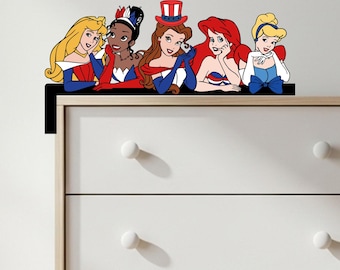 Letrero de esquina para puerta del 4 de julio con princesas, decoración de puerta de Ariel, Bella, Tiana y Aurora, arte de pared de princesas asomándose, decoración de habitación Disney, regalo de cumpleaños único